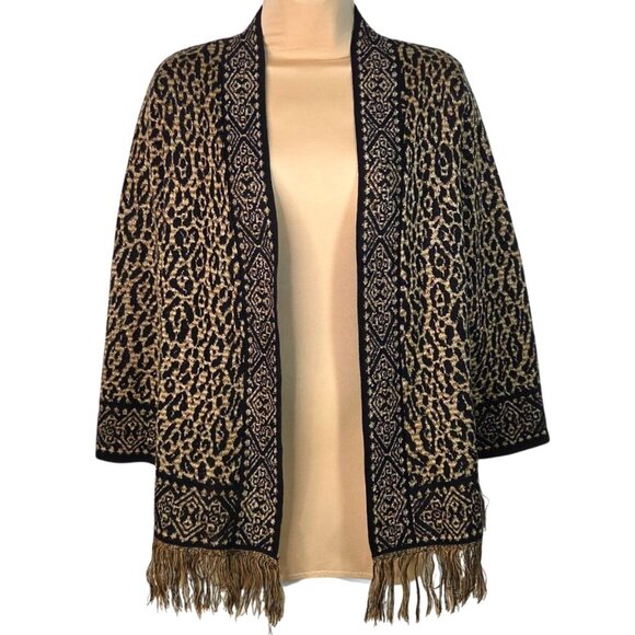 Ruby Rd. Petite PXL Leopard Print Open Front Cardigan With Metallic Gold Fringe - Picture 1 of 6